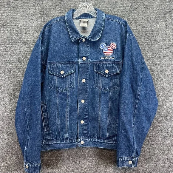 Vintage Walt Disney World Denim Jacket Mickey Mouse USA Flag Embroidered Adult M